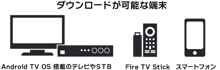 ダウンロード可能な端末はAndroid TVOS搭載のテレビやSTB、Fire TVOS搭載のテレビやSTB、Fire Stick スマートフォン