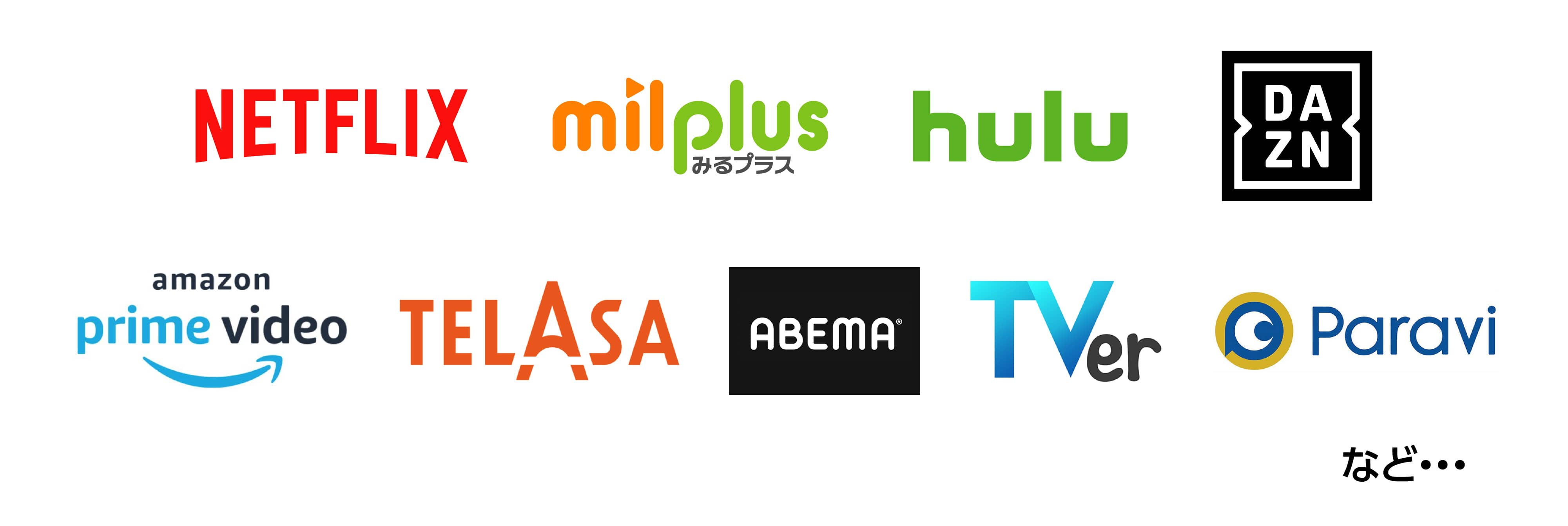 Netflix、みるプラス、hulu、DAZN、Amazonプライム、TELASA、Abema、Tver、paraviなど